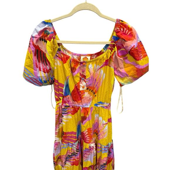 FARM RIO Neon Macaws Puff Sleeve Maxi Dress M Yellow Parrot Print Cotton Belted - Picture 9 of 12